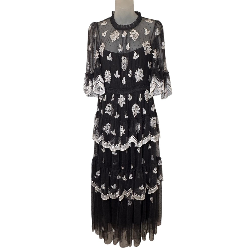 Needle & Thread Amber Petal Embroidered Tiered Lace Dress/Gown Black US 6